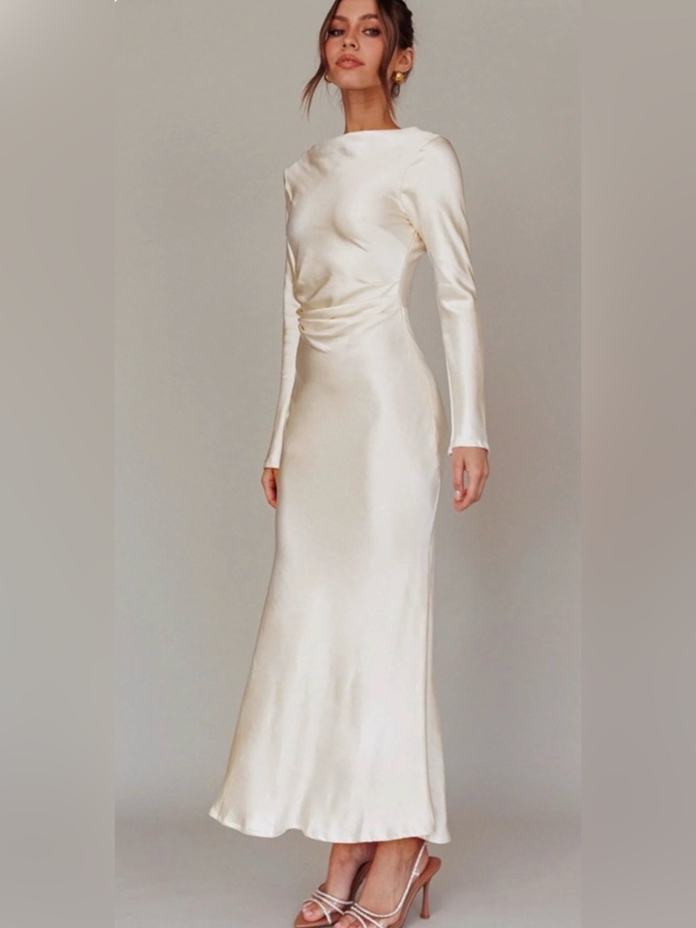 NWT Elegant Oyster Satin Long-Sleeve Maxi Dress
